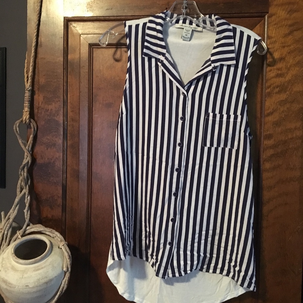 Navy Striped Sleeveless Button Front Blouse